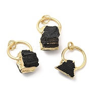 Natural Black Tourmaline Pendants, Nuggets Charms with Rack Plating Brass Findings, Cadmium Free & Lead Free, Golden, 26~34.5x20.5x6~14mm, Hole: 3.5mm(G-C050-01G)