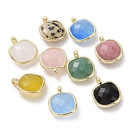 Gemstone Pendants, Faceted Square Charms, with Golden Plated Brass Edge Loops, 16.5x13x6mm, Hole: 2.2mm(G-G012-09F)