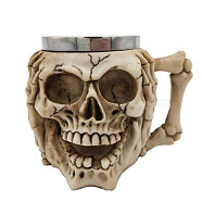 Halloween 304 Stainless Steel Skull Mug, Resin Skeleton Beer Cup, for Home Decorations Birthday Gift, Beige, 115x150x105mm, Inner Diameter: 77mm(SKUL-PW0001-025B-01)