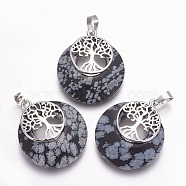 Natural Snowflake Obsidian Pendants, with Platinum Tone Brass Findings, Flat Round with Tree of Life, 32.5~33x27.5~28x5~6mm, Hole: 5x7mm(G-F573-C09)