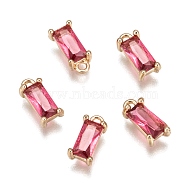 Transparent Glass Charms, with Brass Findings, Faceted, Rectangle, Light Gold, Deep Pink, 8.5x4x3mm, Hole: 1mm(GLAA-T007-13F)