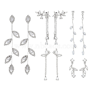 5 Pairs 5 Styles Crystal Rhinestone Leaf Dangle Stud Earrings, Alloy Tassel Earrings with Sterling Silver Pins for Women, Platinum, 25~63mm, Pin: 0.7~0.8mm, 1 Pair/style(EJEW-AN0003-54)