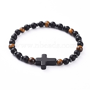 Unisex Natural Tiger Eye Stretch Bracelets, with Cross Synthetic Turquoise(Dyed) Beads, Frosted Natural Black Agate(Dyed) Beads and Non-Magnetic Synthetic Hematite Beads, 2-1/8 inch(5.5cm)(BJEW-JB04945-02)
