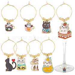 1 Set Cat Alloy Enamel Wine Glass Charms, with Glass Seed Beads and Brass 
Hoops, Mixed Color, 46~61mm, 8 styles, 1pc/style, 8pcs/set(AJEW-FG0002-85)