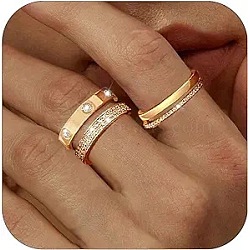 3Pcs 3 Styles Zinc Alloy Micro Pave Clear Cubic Zirconia Finger Rings, Stackable Rings for Women, Real 18K Gold Plated, US Size 8(18.1mm)(FS-WG142C0-02)