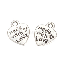 Tibetan Style Alloy Pendants,  Heart with Word Made with Love, For Valentine's Day, Cadmium Free & Nickel Free & Lead Free, Antique Silver, 12.5x10x2mm, Hole: 2mm(X-TIBE-S303-01AS-NR)
