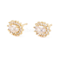 Cubic Zirconia Oval Stud Earrings, Real 18K Gold Plated Brass Jewelry for Women, Lead Free & Cadmium Free, Clear, 10.5x8.5mm, Pin: 1mm(EJEW-F282-23G)