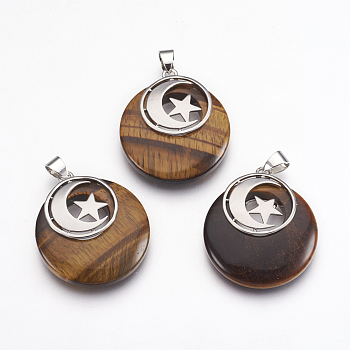 Natural Tiger Eye Pendants, with Platinum Tone Brass Findings, Flat Round with Moon and Star, 32x28x7mm, Hole: 4x5mm