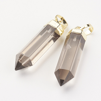 Natural Smoky Quartz Pointed Pendants, Dyed & Heated, with Brass Findings, Bullet, Golden, 28~29x6~7mm, Hole: 4x6mm