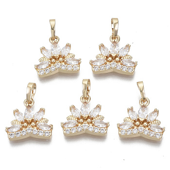 Brass Micro Cubic Zirconia Charms, with Snap on Bails, Lotus Flower, Light Gold, Clear, 15x15x4mm, Hole: 6x4mm