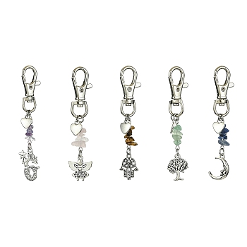 Tibetan Style Alloy Pendants Decorations, Gemstone Chips and Lobster Claw Clasps Charm, Heart, Mixed Shapes, 86~95mm