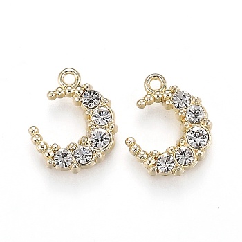 Alloy Jewelry Crystal Rhinestone Pendants, Moon, Light Gold, 13x11x3mm, Hole: 1.2mm