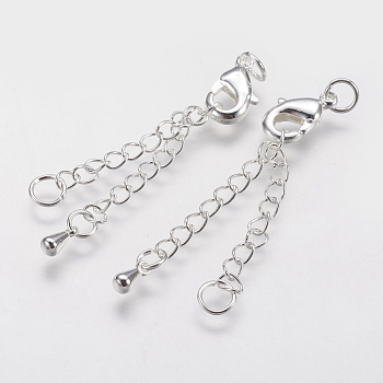 Brass Chain Extender, with 304 Stainless Steel Lobster Claw Clasps, Silver, Total Long: 74~78mm, Lobster Clasp: 7x12mm, Extend Chain: 60mm, Hole: 3~4.5mm