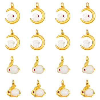 16Pcs 4 Style Glass Charms, with Alloy Findings and Rhinestone, Matte Gold Color, Moon with Rabbit & Rabbit, Mixed Color, 15.5~21x14~17x4~6mm, Hole: 4~5x3~4mm, 4pcs/style