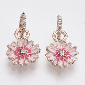Alloy European Dangle Charms, with Crystal Rhinestone and Enamel, Large Hole Pendants, Flower, Rose Gold, 22mm, Hole: 5mm, Flower: 16.5x12x3mm