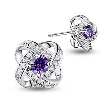 SHEGRACE Awesome Design Rhodium Plated 925 Sterling Silver Ear Studs, with Micro Pave AAA Cubic Zirconia Flower, Violet, 10mm, Pin: 0.7mm