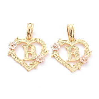 Real 18K Gold Plated Brass  Pendants, Heart with Alphabet, Letter.B, 18x20x3mm, Hole: 6.5x3mm
