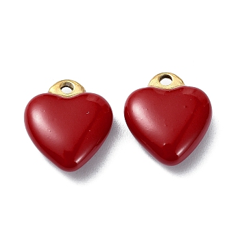 Ion Plating(IP) Real 18K Gold Plated 304 Stainless Steel Pendants, with Enamel, Heart Charms, Dark Red, 12x10.5x5mm, Hole: 1.2mm
