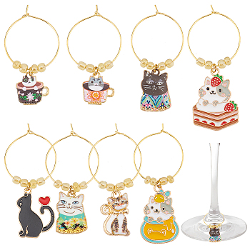 1 Set Cat Alloy Enamel Wine Glass Charms, with Glass Seed Beads and Brass 
Hoops, Mixed Color, 46~61mm, 8 styles, 1pc/style, 8pcs/set