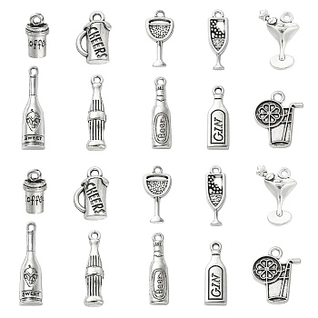 100Pcs 10 Styles Alloy Pendants, Wine Bottle & Lemon Juice & Cocktail & Coke, Antique Silver, 15~24x5.5~16x1~6mm, Hole: 1.4~2.5mm, 10pcs/style