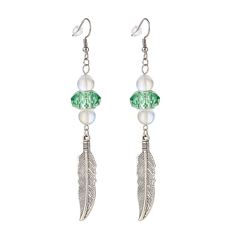 Feather with Round Beads Long Dangle Earrings for Girl Women, Antique Silver, Green, 95.5mm, Pin: 0.7mm