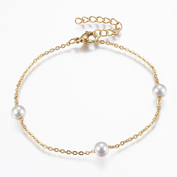 304 Stainless Steel Bracelets, with Acrylic Pearl Bead and Lobster Claw Clasps, Golden, 7-1/8 inch(180mm)