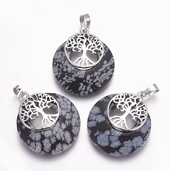 Natural Snowflake Obsidian Pendants, with Platinum Tone Brass Findings, Flat Round with Tree of Life, 32.5~33x27.5~28x5~6mm, Hole: 5x7mm