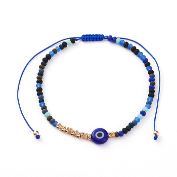 Adjustable Nylon Cord Braided Bead Bracelets, with Evil Eye Lampwork Beads, Textured Brass Beads and Frosted Glass Beads, Blue, Inner Diameter: 2~4 inch(5.2~10.2cm)