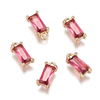 Transparent Glass Charms, with Brass Findings, Faceted, Rectangle, Light Gold, Deep Pink, 8.5x4x3mm, Hole: 1mm