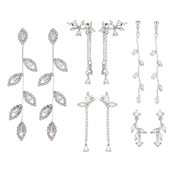 5 Pairs 5 Styles Crystal Rhinestone Leaf Dangle Stud Earrings, Alloy Tassel Earrings with Sterling Silver Pins for Women, Platinum, 25~63mm, Pin: 0.7~0.8mm, 1 Pair/style