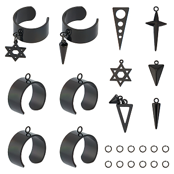 DIY Charms Open Ring Making Kit, Including Cross & Triangle & Cone & Star Stainless Steel Pendants, 201 Stainless Steel Cuff Ring Findings, Gunmetal & Stainless Steel Color, 12Pcs/box