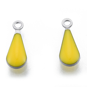 304 Stainless Steel Enamel Charms, Stainless Steel Color, Teardrop, Yellow, 12x4.5x2mm, Hole: 1.2mm