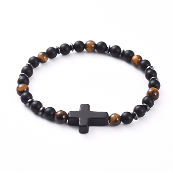 Unisex Natural Tiger Eye Stretch Bracelets, with Cross Synthetic Turquoise(Dyed) Beads, Frosted Natural Black Agate(Dyed) Beads and Non-Magnetic Synthetic Hematite Beads, 2-1/8 inch(5.5cm)