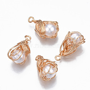 Brass Pendants, with ABS Plastic Imitation Pearl, Long-Lasting Plated, Teardrop, White, 20~24x11~12x11~12mm, Hole: 1.5~2mm(KK-S365-006)