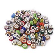 Polymer Clay Rhinestone European Large Hole Beads with Silver Color Plated Brass Cores, Rondelle, Mixed Color, 11~12x7~7.5mm, Hole: 5mm(FPDL-R002-M)