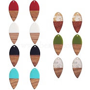 14Pcs 7 Styles Opaque Resin & Transparent Foil Resin Pendants, with Walnut Wood, Teardrop Charm, Mixed Color, 38x18x3mm, Hole: 2mm, 2pcs/style(RESI-SZ0001-83)