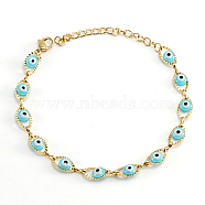 Golden Stainless Steel Enamel Horse Eye Link Chain Bracelets, Sky Blue, 6-3/4 inch(17cm)(JM1854-1)