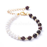 Natural Pearl & Natural Garnet Beaded Bracelets, with Iron Chain Extender, 304 Stainless Steel Lobster Claw Clasps and Brass Beads, 7-1/4 inch(18.5cm)(BJEW-JB05153-03)