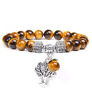 Natural Tiger Eye Beaded Stretch Bracelet with Alloy Tree of Life Charms,  6-3/4~8-5/8 inch(17~22cm)(PW-WG19782-16)