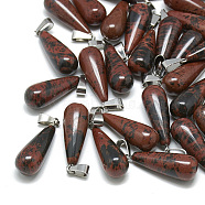 Natural Mahogany Obsidian Pendants, with Stainless Steel Snap On Bails, teardrop, 28~30x10~12mm, Hole: 6x4mm(X-G-T081-09)