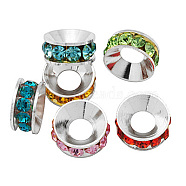 Brass Rhinestone Spacer Beads, Grade A, Rondelle, Silver Color Plated, Mixed Color, 12x5mm(RB-A020-12mm-S)