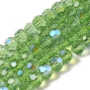 Electroplate Transparent Glass Beads Strands, Faceted, Round, Rainbow Plated, Light Green, 6mm, Hole: 1mm, about 98~100pcs/strand, 20.39~20.59 inch(51.8~52.3cm)(EGLA-A035-T6mm-L09)