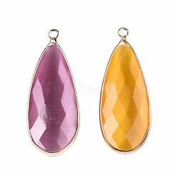 Cat Eye Stone Pendants, with Golden Plated Brass Edge, Faceted, Drop, Mixed Color, 47~48x18x6mm, Hole: 2mm(G-S377-001)