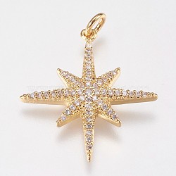 Brass Micro Pave Cubic Zirconia Pendants, Star, Real 18K Gold Plated, 25x23x3mm, Hole: 3mm(ZIRC-E145-52G)