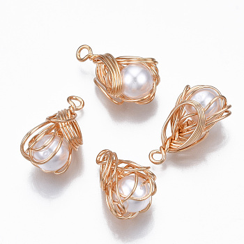 Brass Pendants, with ABS Plastic Imitation Pearl, Long-Lasting Plated, Teardrop, White, 20~24x11~12x11~12mm, Hole: 1.5~2mm