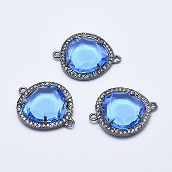 Brass Micro Pave Cubic Zirconia Links, with Glass, Faceted, teardrop, Gunmetal, Light Sky Blue, 28x23x5mm, Hole: 1.6mm