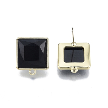 Alloy Stud Earring Findings with Resin, with Horizontal Loops and 304 Stainless Steel Pins, Square, Light Gold, Cadmium Free & Nickel Free & Lead Free, Black, 19x16.5mm, Hole: 1.4mm, Pin: 0.7mm