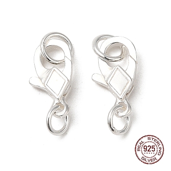 925 Sterling Silver Lobster Claw Clasps with Jump Rings, Rhombus, Silver, 11x6x2mm