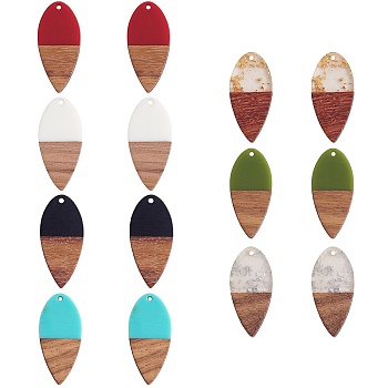 14Pcs 7 Styles Opaque Resin & Transparent Foil Resin Pendants, with Walnut Wood, Teardrop Charm, Mixed Color, 38x18x3mm, Hole: 2mm, 2pcs/style