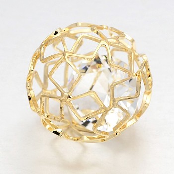 Hollow Round Brass Filigree Beads, with Clear Glass Diamond Beads inside, Light Gold, 28mm